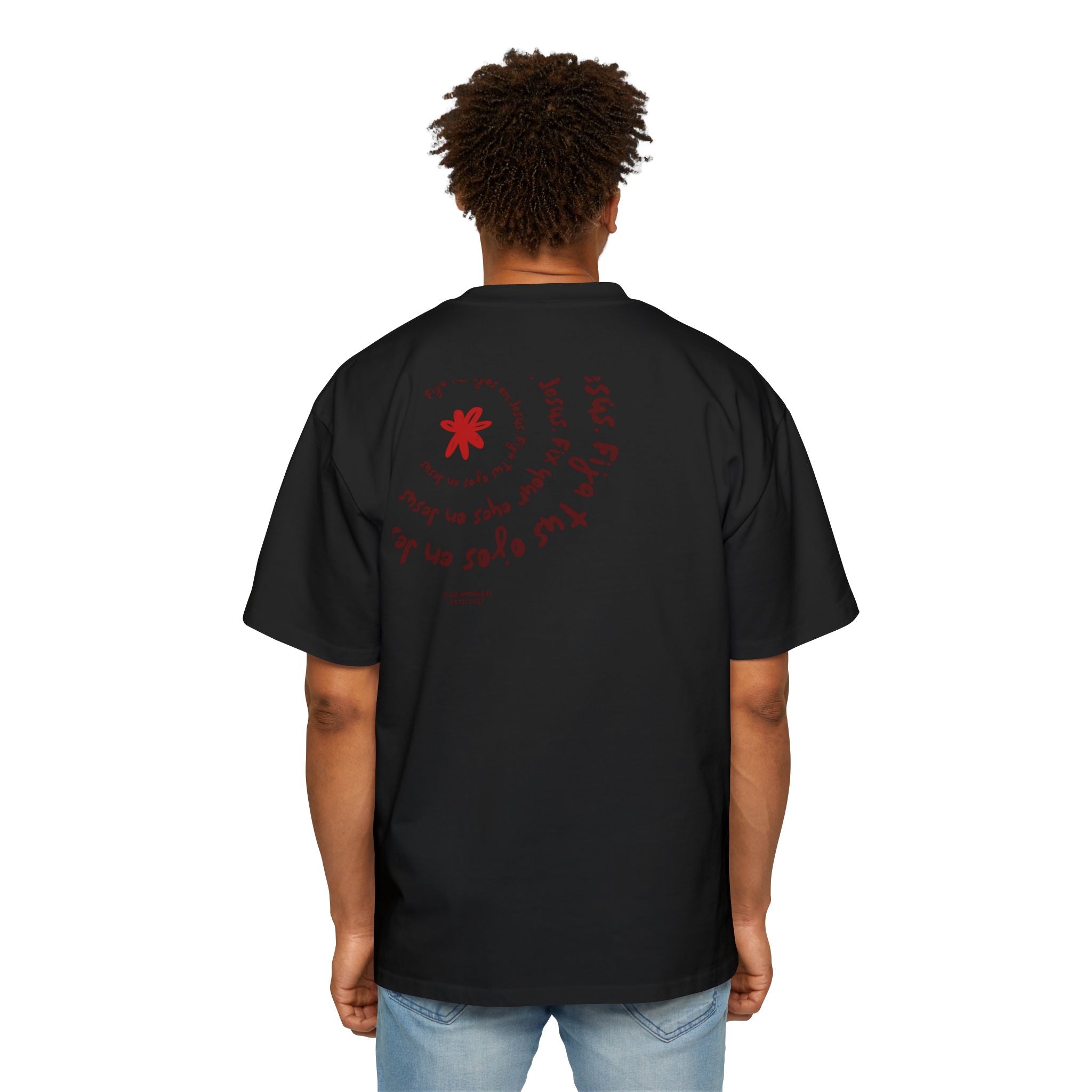 Heavy Oversized Spanish Tee Fija tus ojos en Jesús in black
