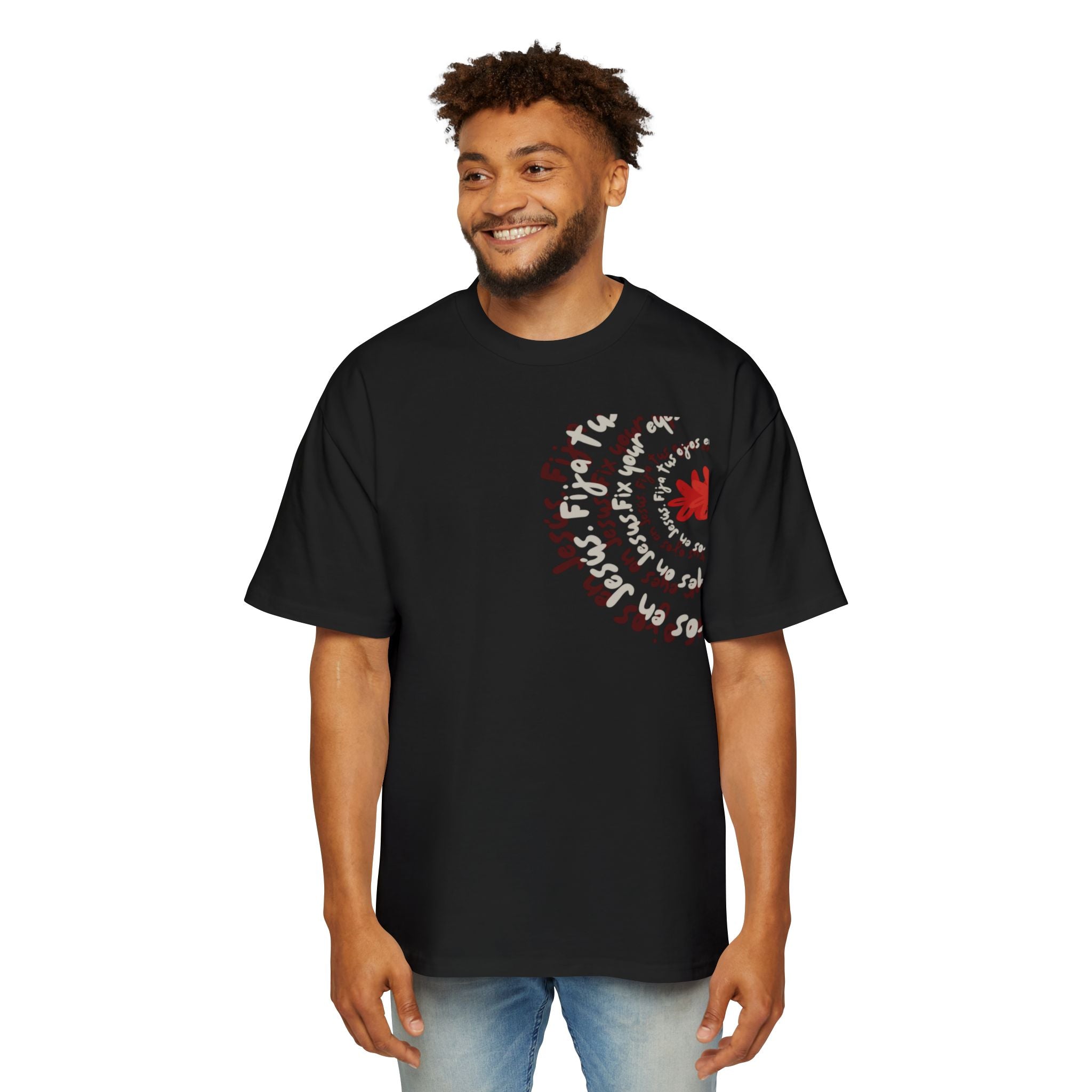 Heavy Oversized Spanish Tee Fija tus ojos en Jesús in black