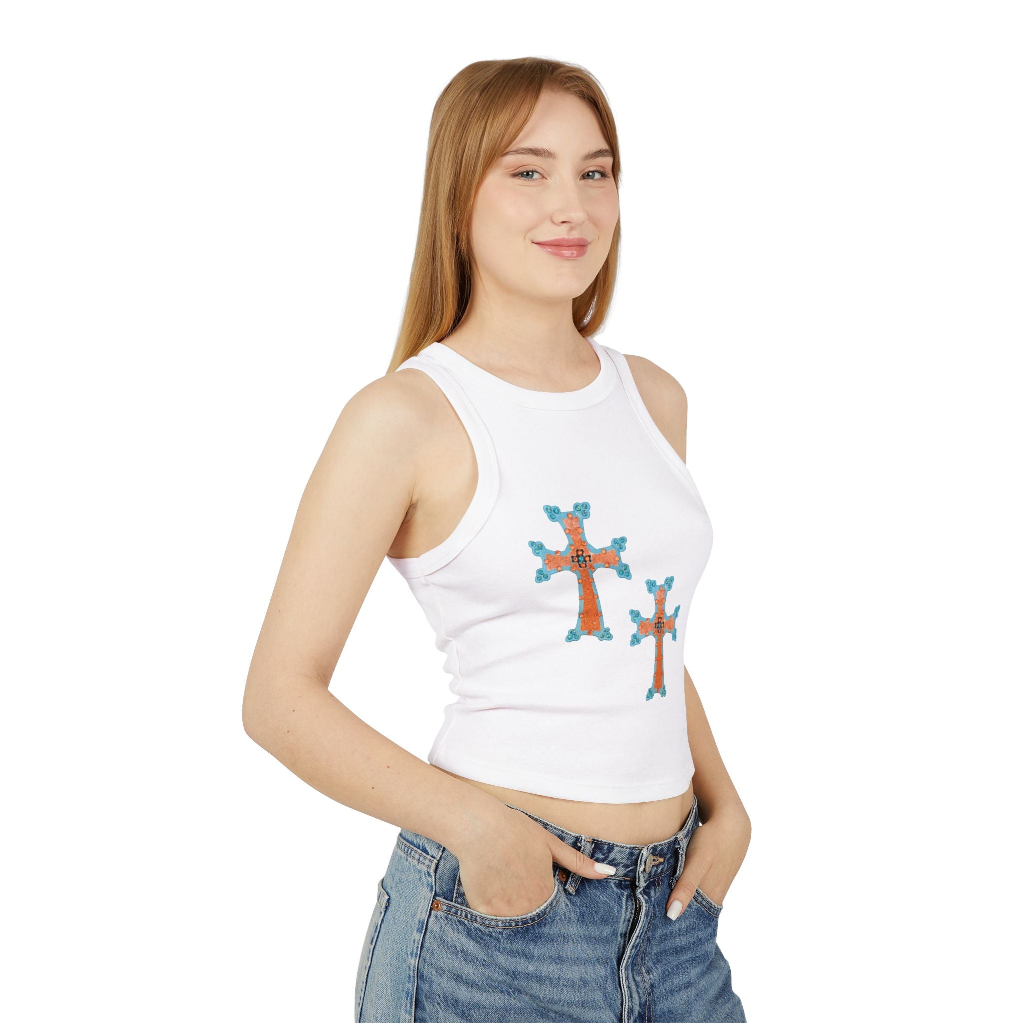 Embroidered cross in white Women's Racer Tank Top